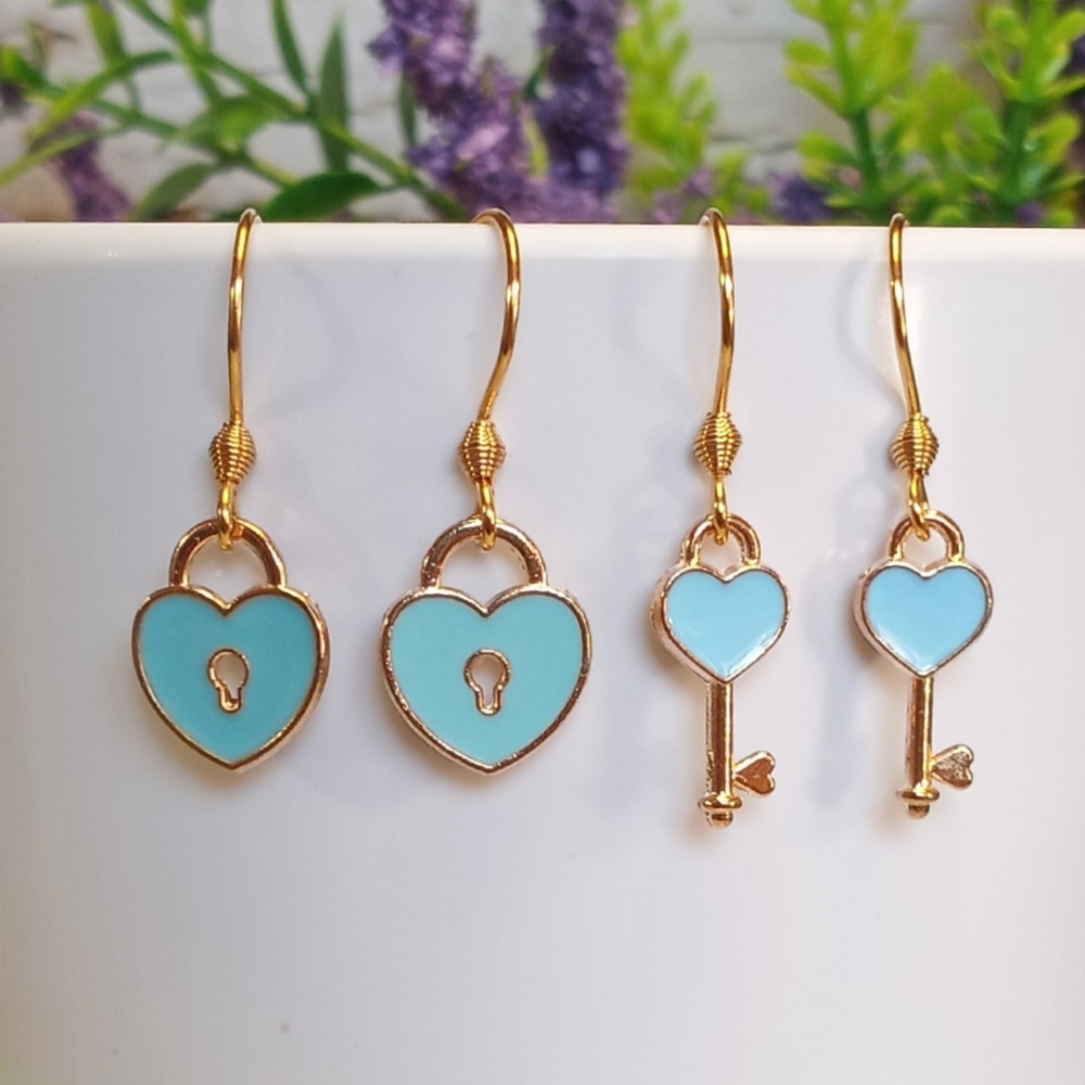 2 Pairs! Blue Best Friends Lock and Key Dangle Hook Earrings
